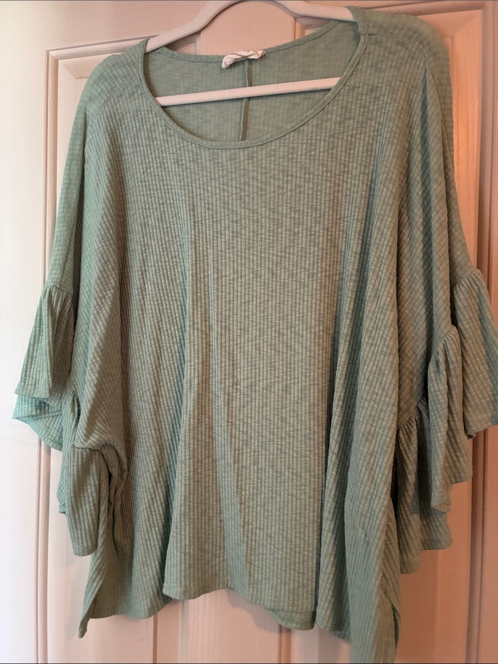 Fantastic Fawn Sage Green Ribbed Ruffle Sleeve Tunic